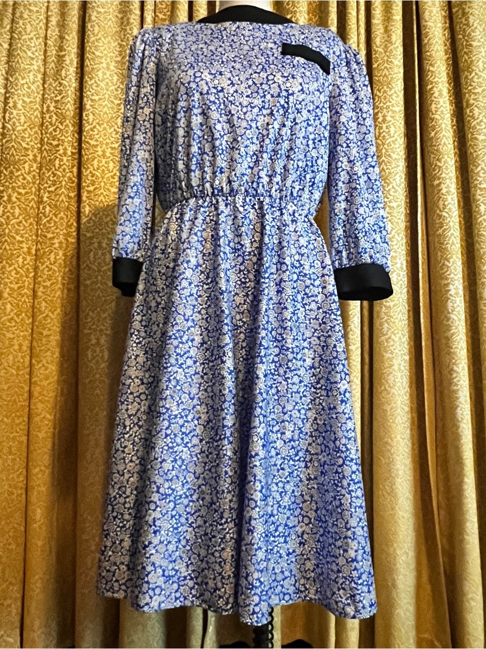 Vintage Blue and Black Floral Midi Dress